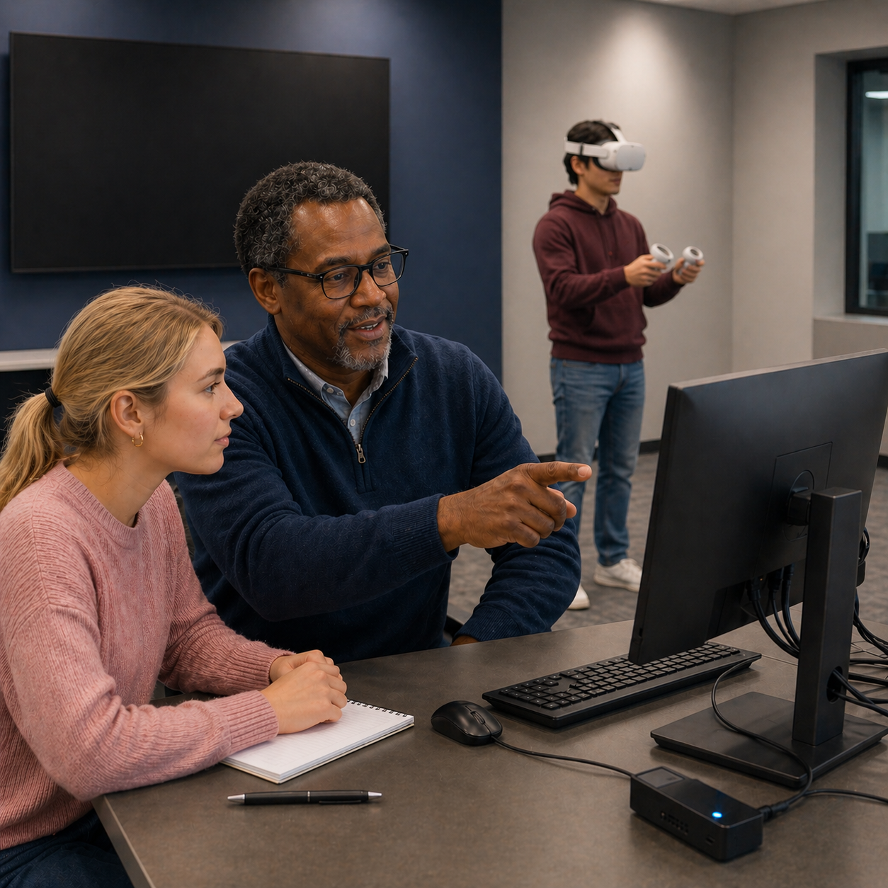 Lab facilitator helping students use Ovation in VR