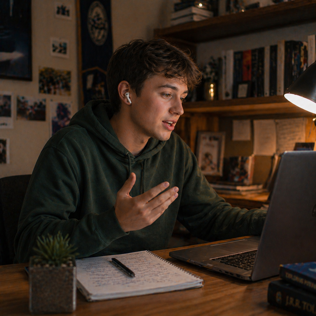 Student practicing a speaking assignment on a laptop