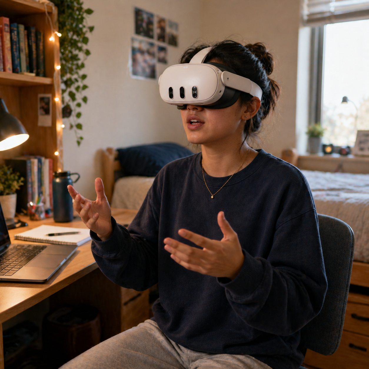 Student practicing a speaking scenario in a VR lab