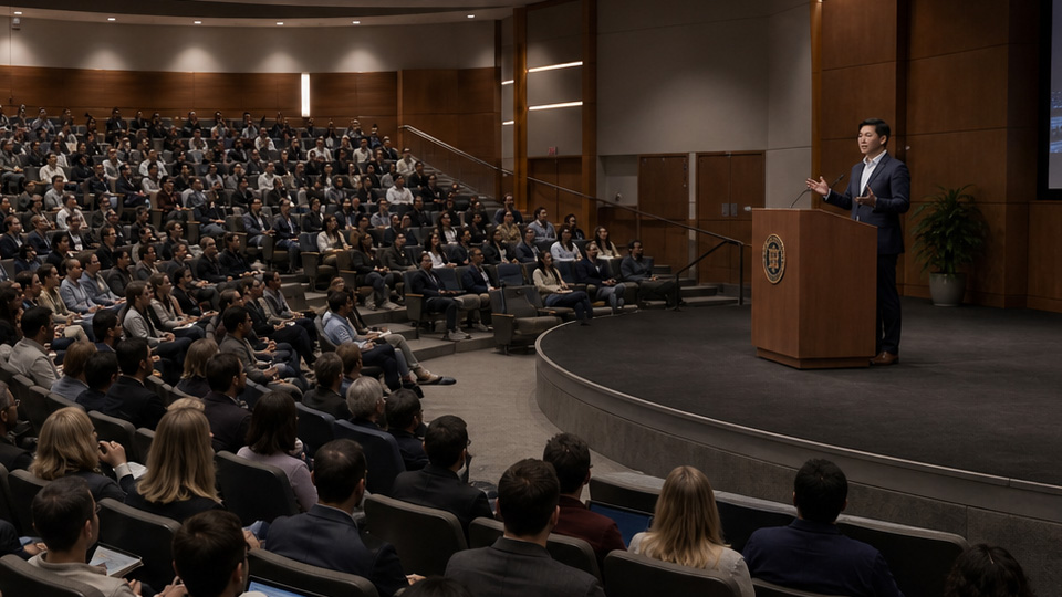 Presenter speaking to a conference audience
