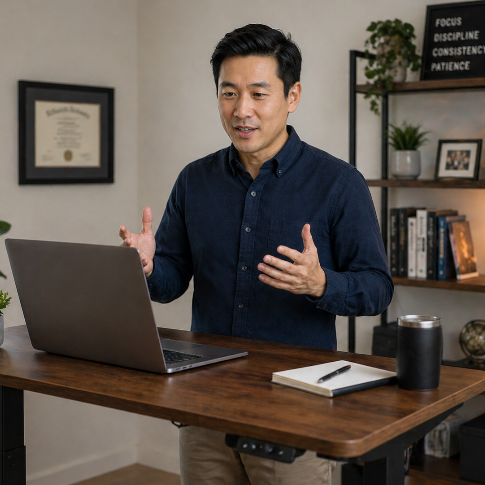 Individual practicing with Ovation at a standing desk