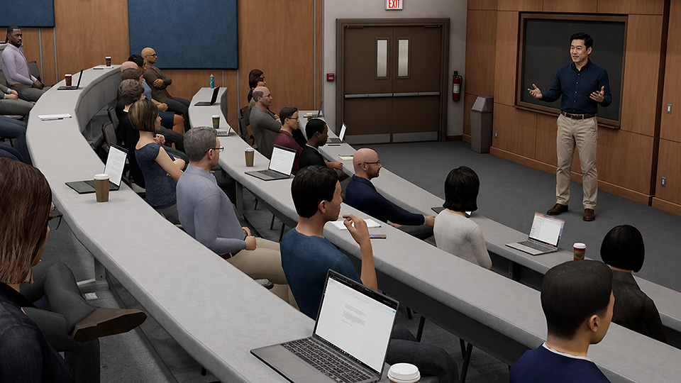 Presenter practicing in a lecture hall with an audience