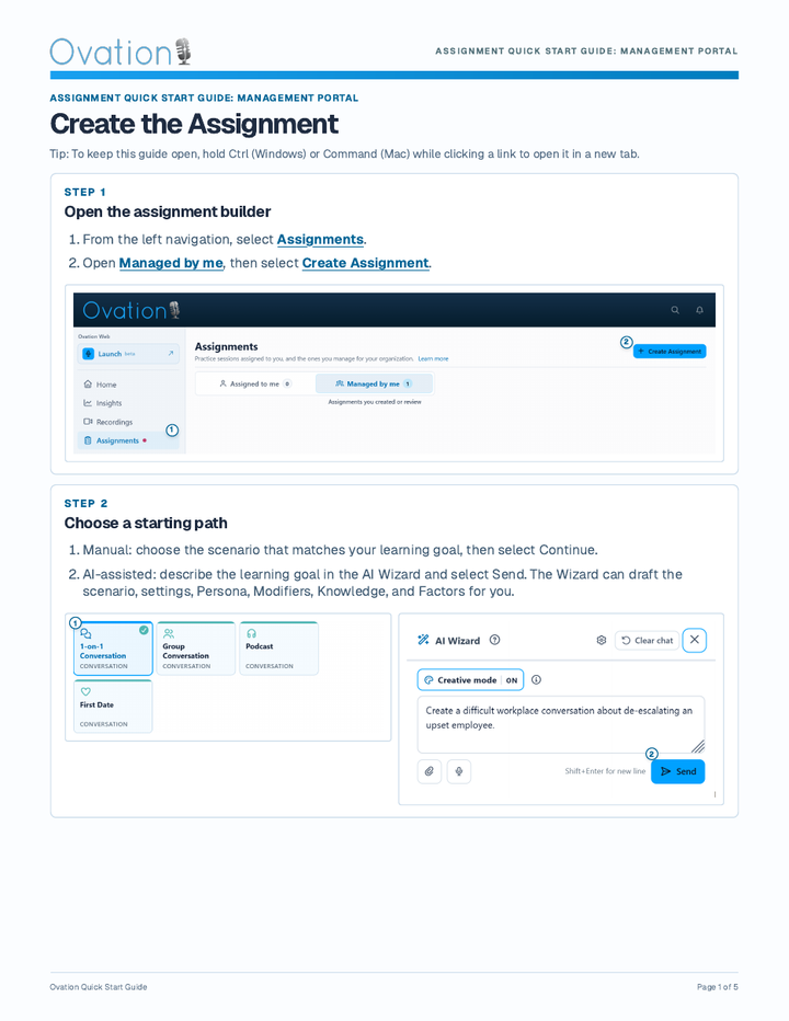 First page of the Assignment Quick Start Guide: Management Portal