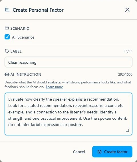 Current Factor creation form with an original Clear reasoning example, scenario selection, and Create factor button