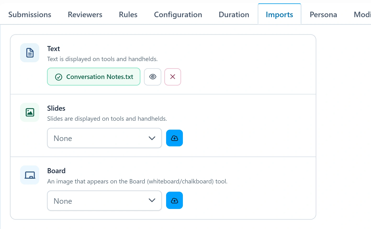 Assignment Imports tab showing text, slides, and board material slots and an attached text file