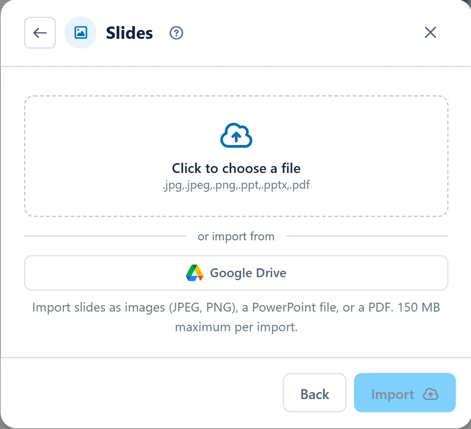 Management Portal Slides upload dialog with supported formats, file chooser, Google Drive option, and Import button