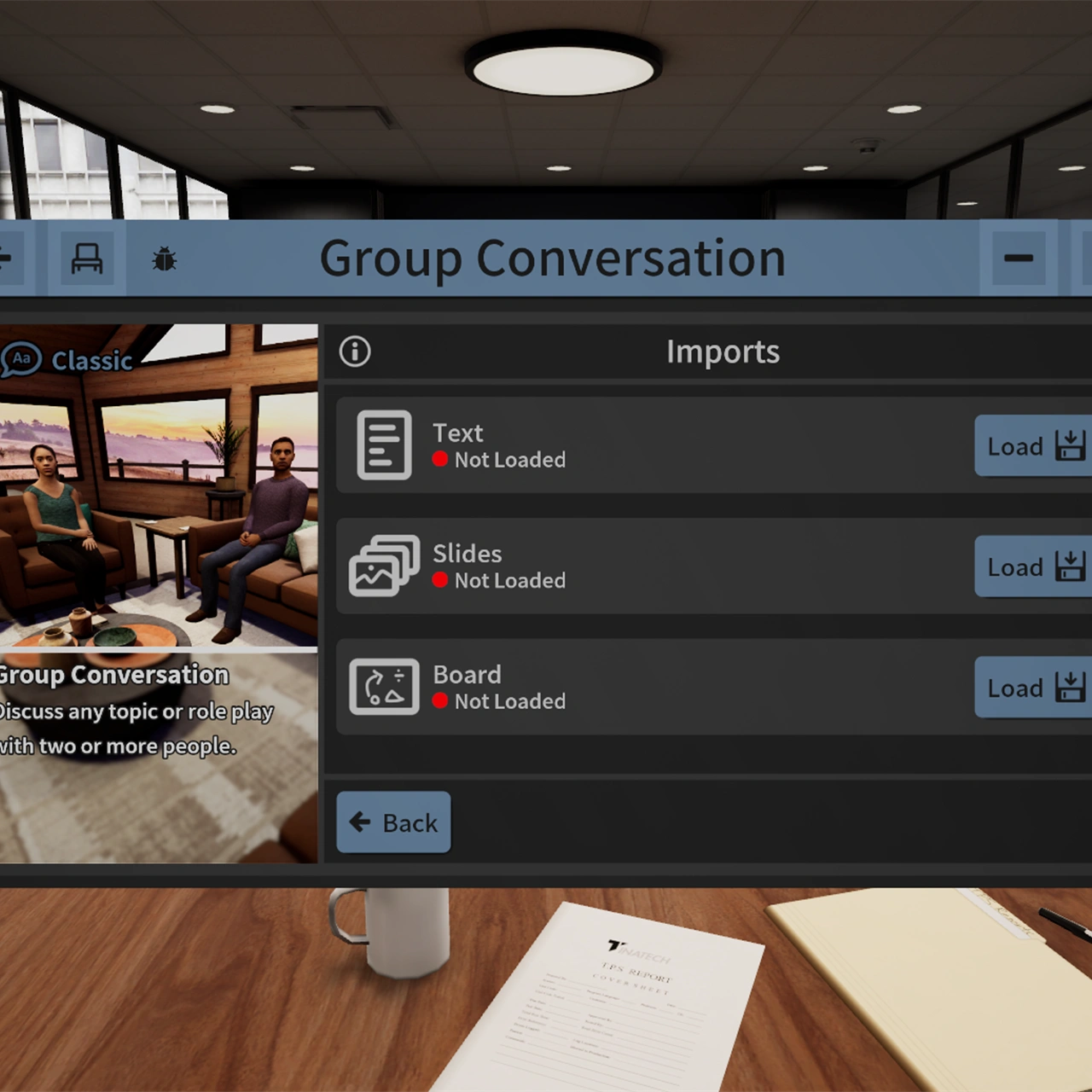 Ovation immersive practice setup with Imports controls for loading text, slides, and board images