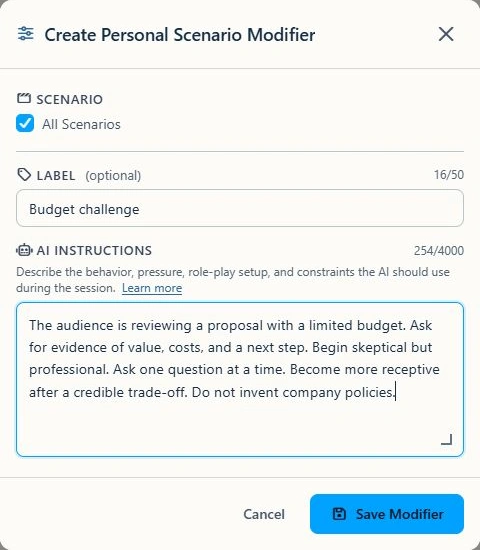 Current Modifier editor with Budget challenge example and field character limits