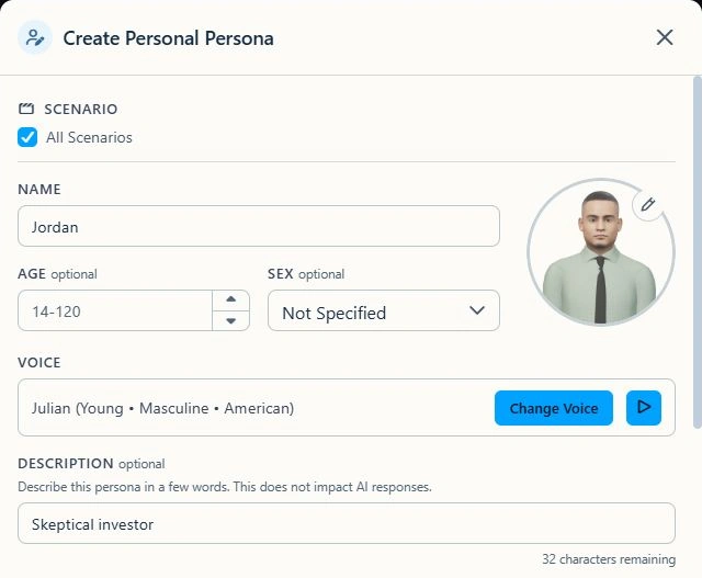 Persona editor showing Jordan, optional identity fields, avatar, voice, and description