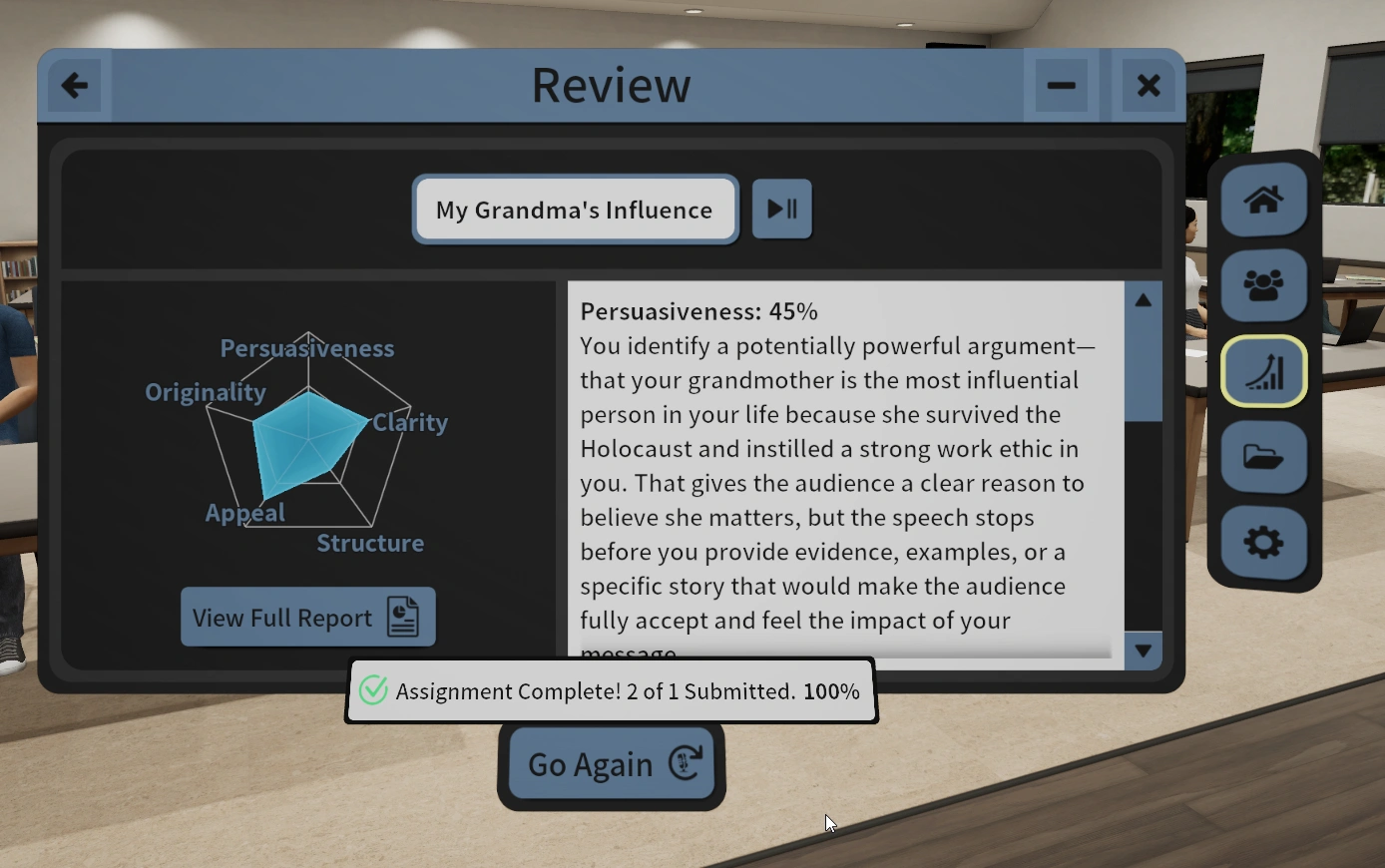 Approved VR and Desktop Apps review example with Factor radar chart, written feedback, and View Full Report