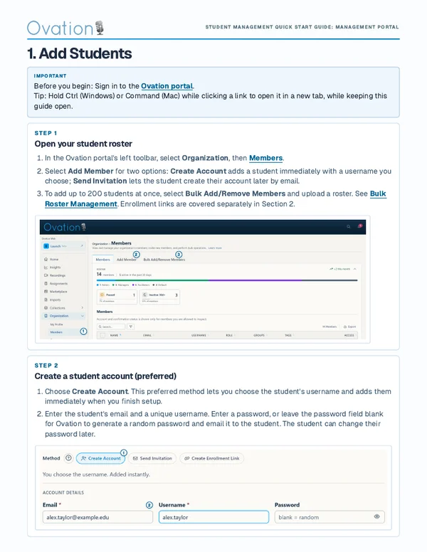 First page of the Student Management Quick Start Guide