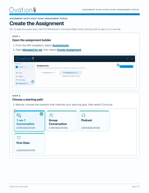 First page of Assignment Quick Start Guide: Management Portal