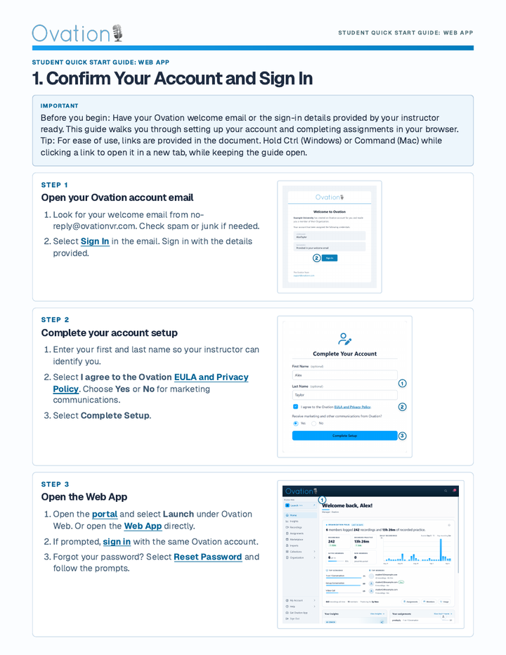 First page of the Student Quick Start Guide: Web App