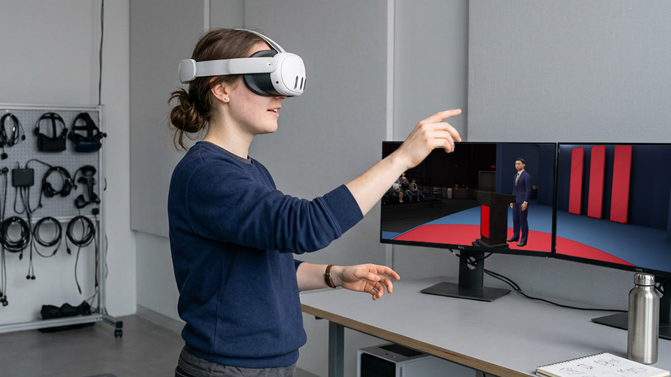Learner in VR paired with the responsive audience they see inside Ovation