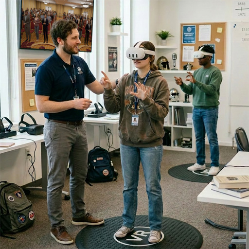 Facilitator supporting students using Quest 3 headsets in a college VR lab