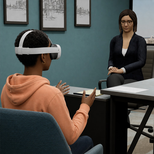 Learner seated across from AI interviewers in a professional room.