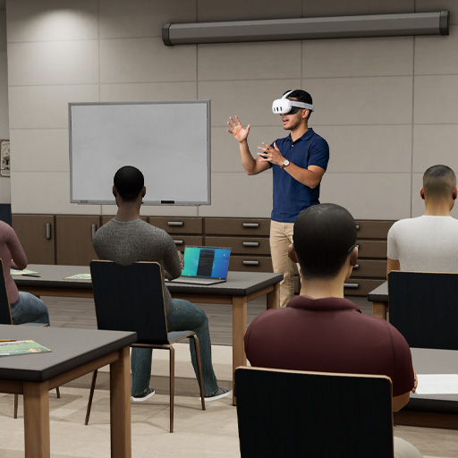 Learner presenting to a realistic seated audience in VR.