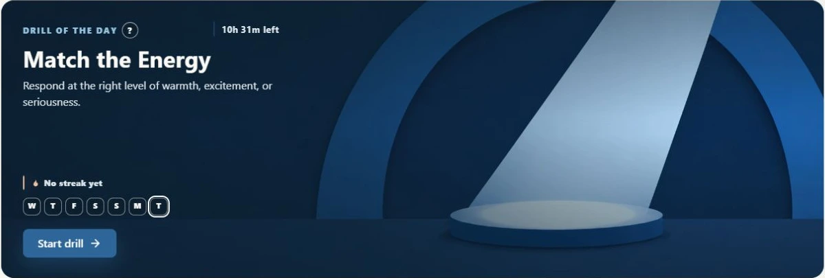 The Web App’s Drill of the Day, Match the Energy, with its practice streak and start controls